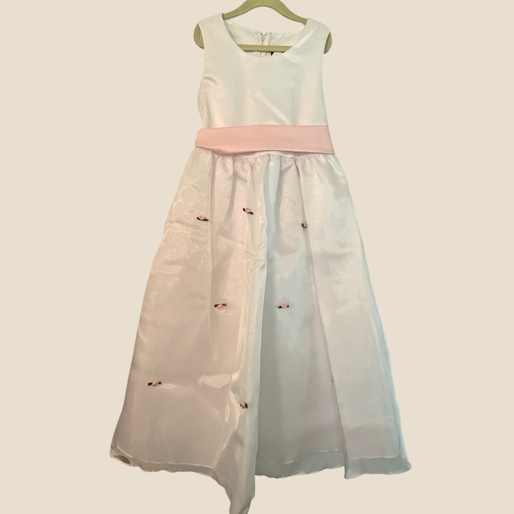 New Sofia Young dress girls sz 8 long white flower girl pink sash roses wedding